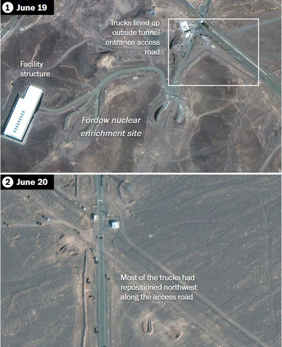 미국 상업위성기업 맥사 테크놀러지가 19일 촬영한 이란 곰주(州) 산악지대의 포르도 핵시설 일대의 위성 이미지. 핵시설로 들어가는 진입로를 따라 모두 16대의 화물트럭이 늘어서 있다. 